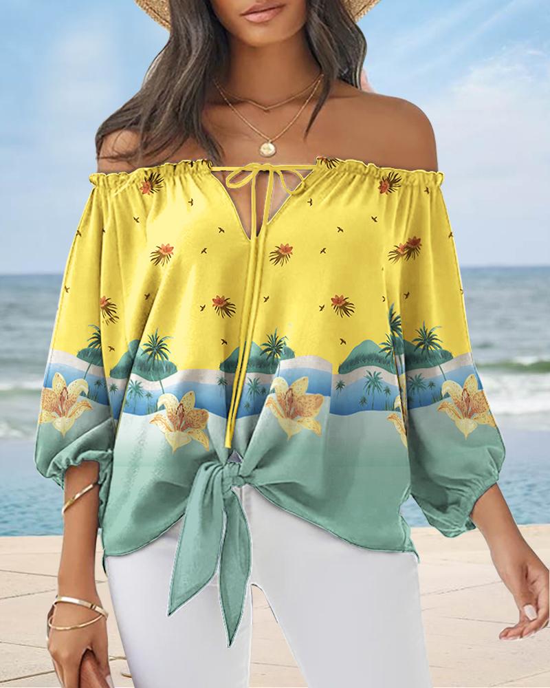 

Tropical Bird Print Tied Detail Off Shoulder Top, Yellow