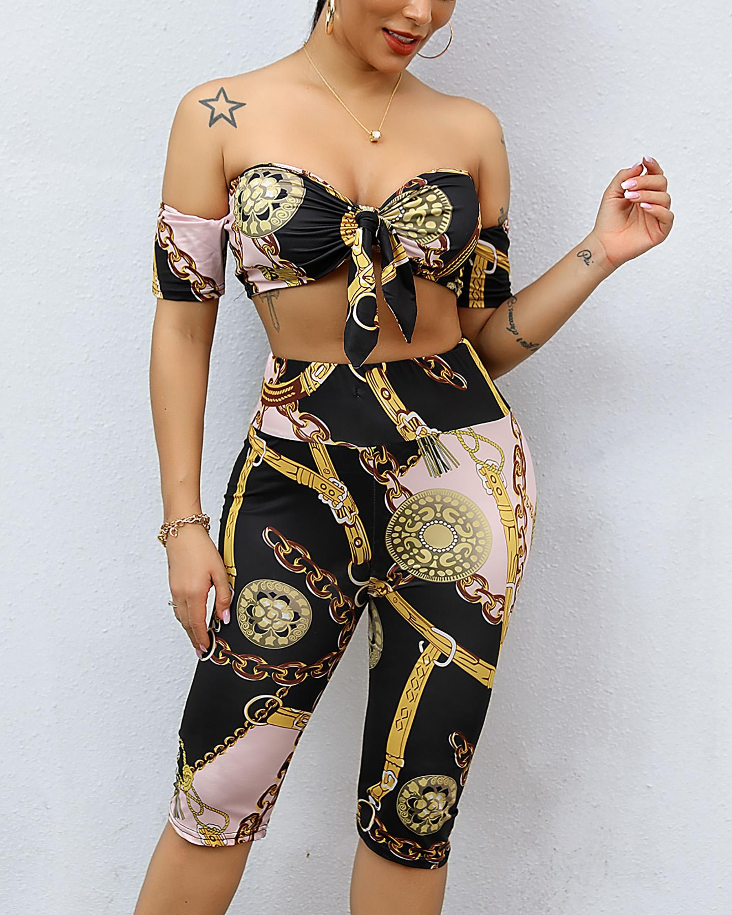 

Chains Print Tie Tube Cropped Top&Shorts Set, Black