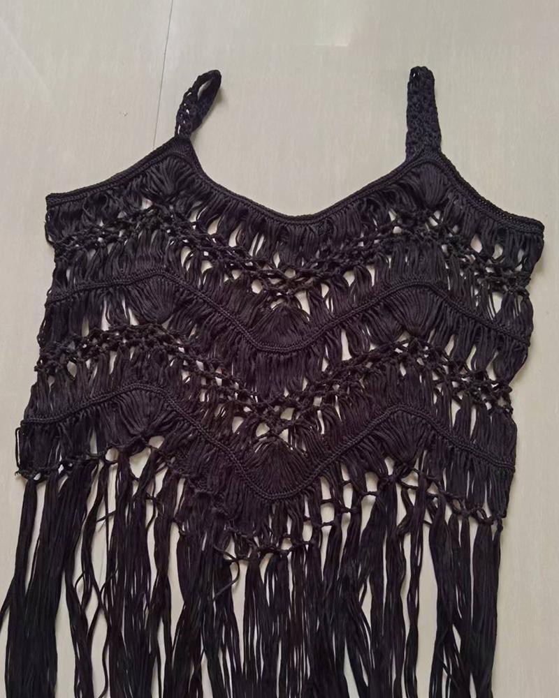

Tassel Design Hollow Out Beach Cover Up Crochet Dress, Black