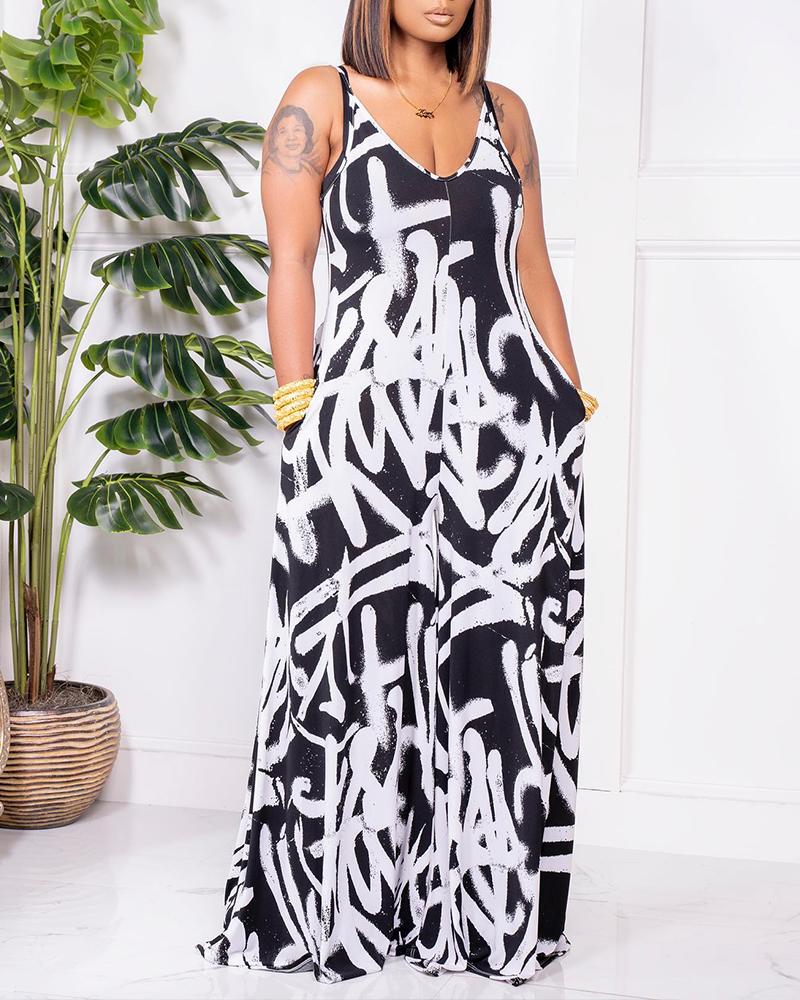 

Abstract Print Backless Wide Leg Jumpsuit, Blackwhite