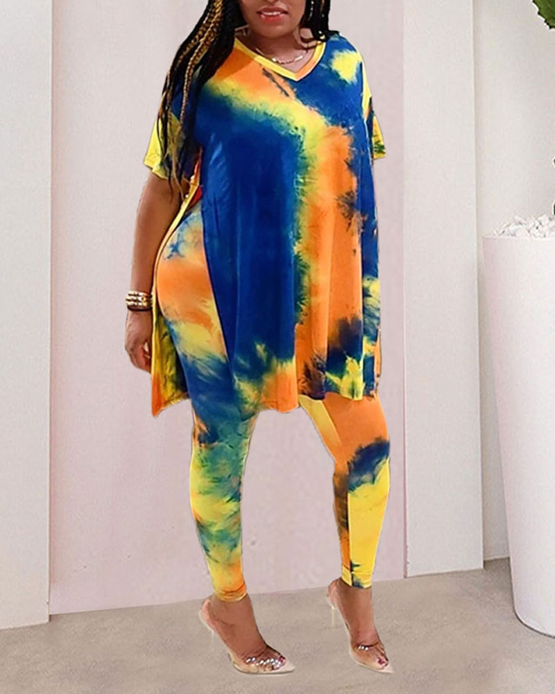 

Tie Dye Print Slit T-shirt & High Waist Pants Set, Yellow