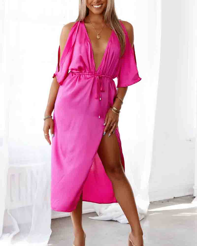 

Solid Color Lace-up Hollow-out Short Sleeve Maxi Dress, Hot pink