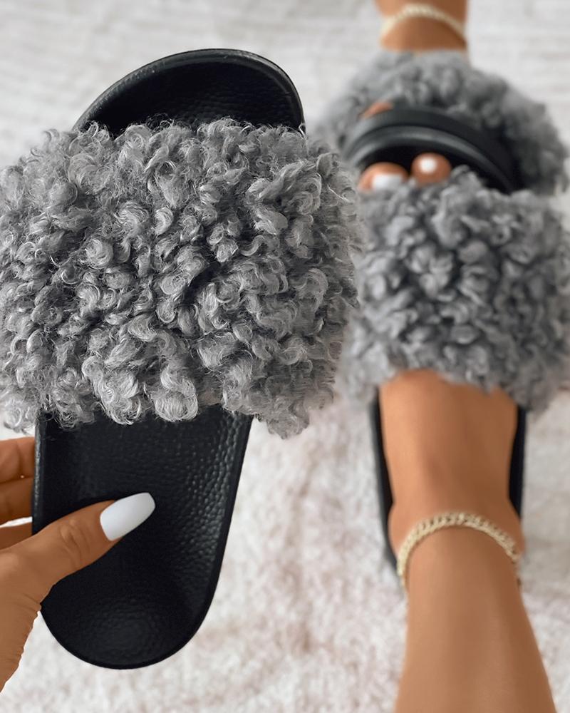 

Fluffy Strap Casual Slippers, Dark grey