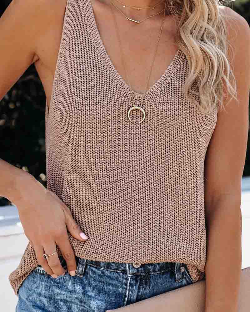 

V-Neck Knit Sleeveless Plain Basic Tank Top, Khaki