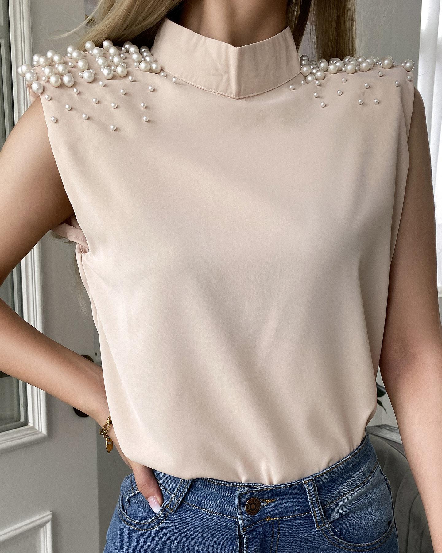 

Beaded Mock Neck Wide Shoulder Sleeveless Basic Top, Khaki