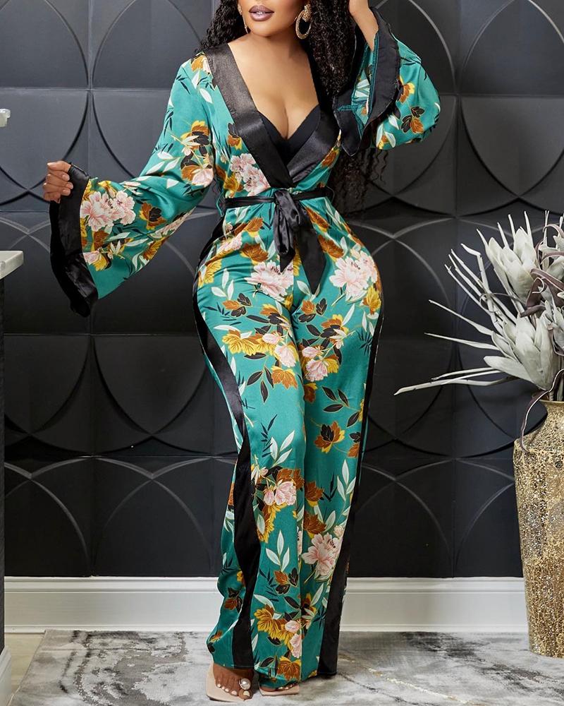 

Bell Sleeve Floral Print Satin Tied Detail Jumpsuit, Green