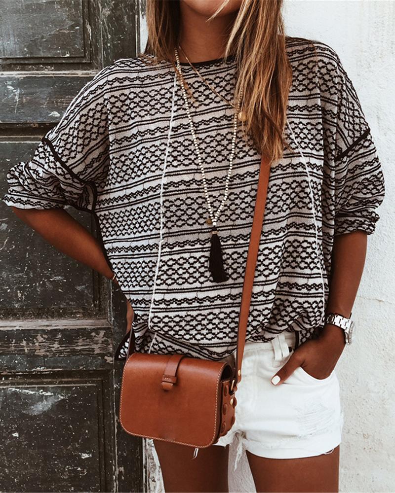 

Abstract Print Round Neck Casual Sweater, Coffee