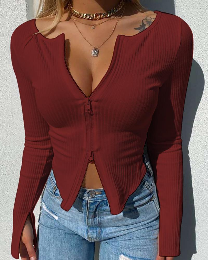 

Zipper Design Ribbed Crop Top, Wine red