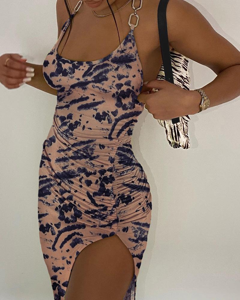 

Halter Chain Strap Print Backless Dress, Brown