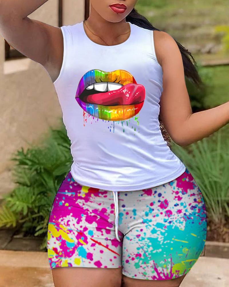 

Lip Print Tank Top & Ink Splash Drawstring Shorts Set, Multicolor