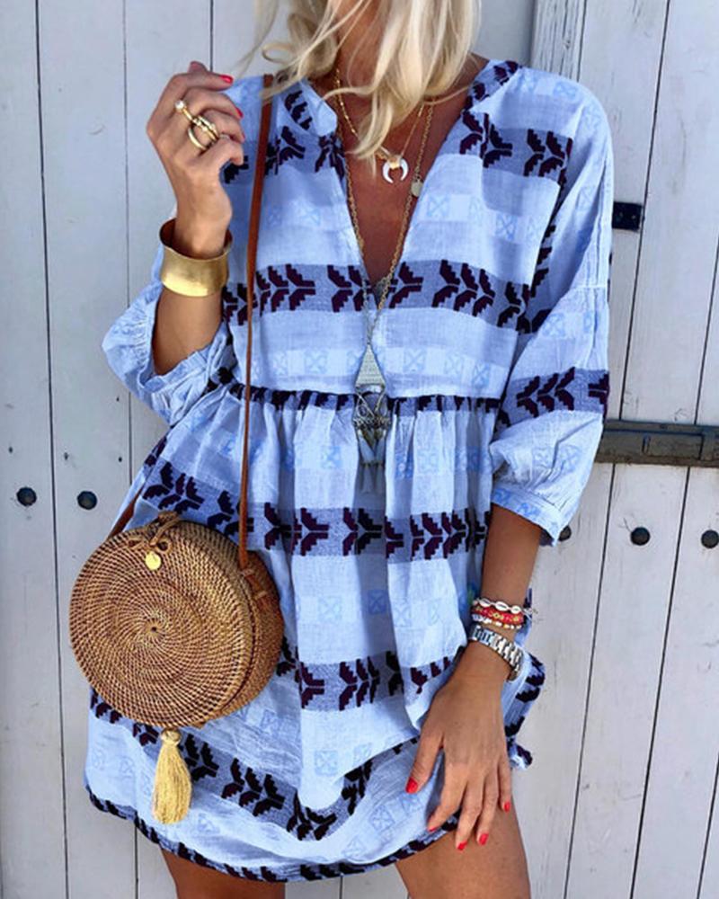 

Ethnic Print V Neck Dress, Blue