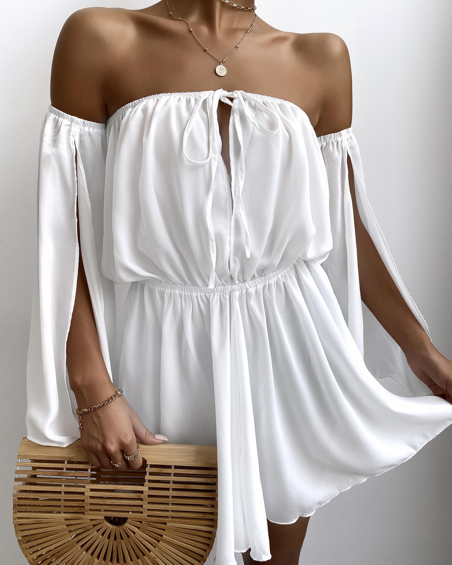 

Off Shoulder Plain Slit Mini Dress, White