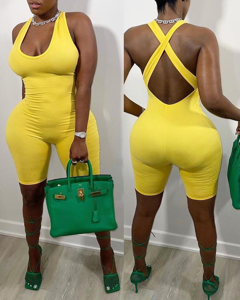

Halter Crisscross Backless Skinny Romper, Yellow