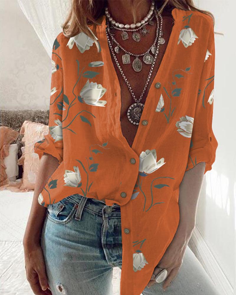 

Floral Print Button Front Long Sleeve Shirt, Orange