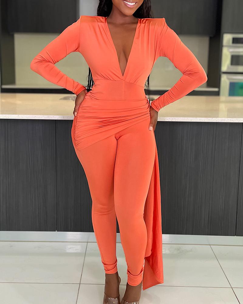 

Plunge Asymmetrical Hem Ruched Jumpsuit, Orange