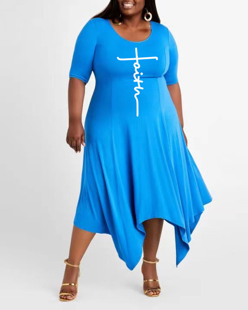 

Plus Size Letter Print Asymmetrical Casual Dress, Blue