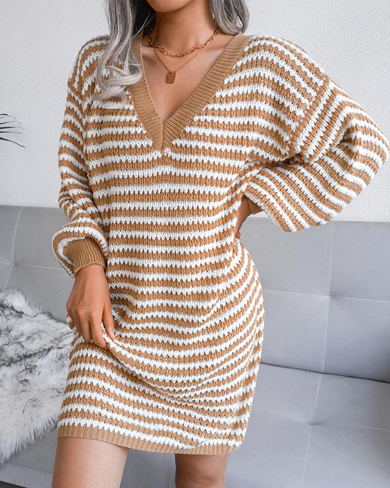 

Striped Deep Lantern Sleeve Casual Sweater Dress, Khaki