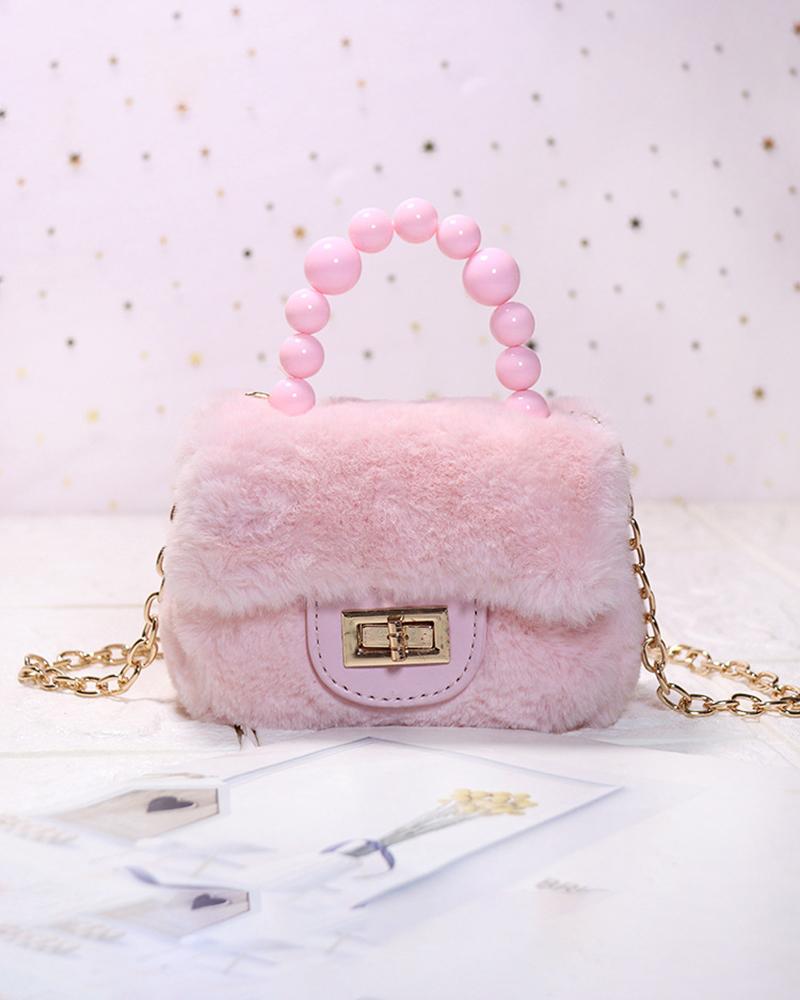 

Fuzzy Twisted Lock Beaded Strap Mini Satchel Bag, Pink