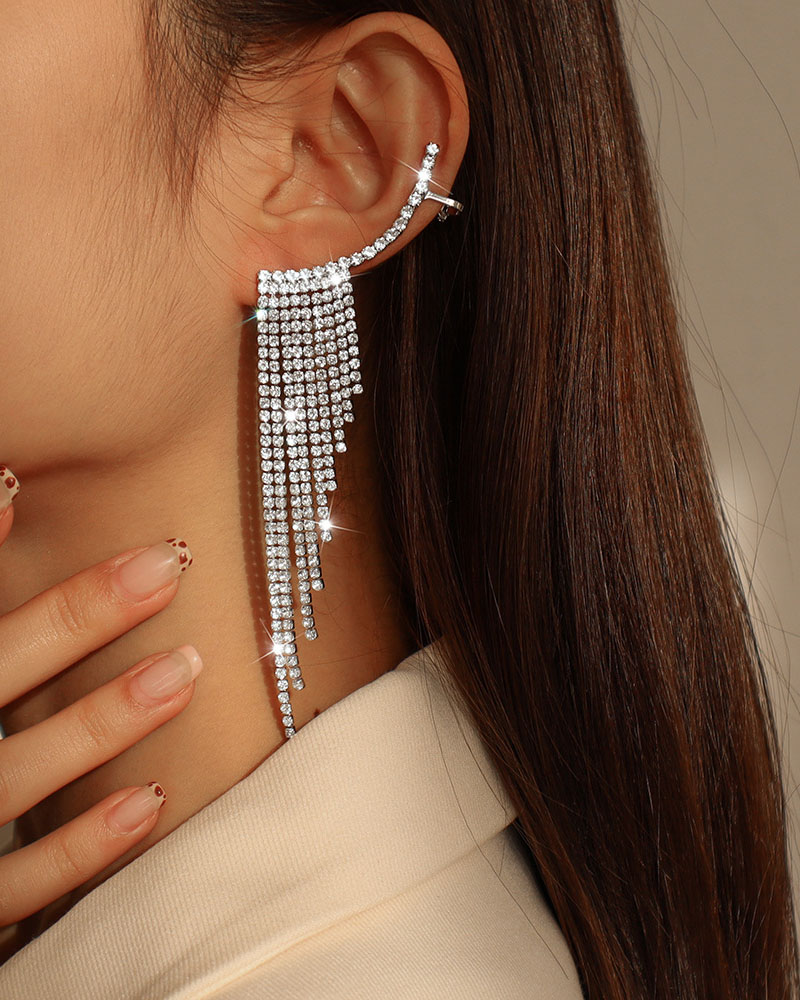 

1Pair Rhinestone Tassel Ear Climber With Pierced, Silver