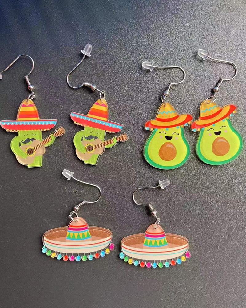 

1Pair Cinco De Mayo Mexico Cartoon Horse Hat Skull Wine Bottle Cactus Jalapeno Earrings, Style1