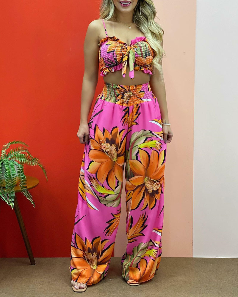 

Floral Print Shirred Crop Cami Top & High Waist Pants Set, Hot pink