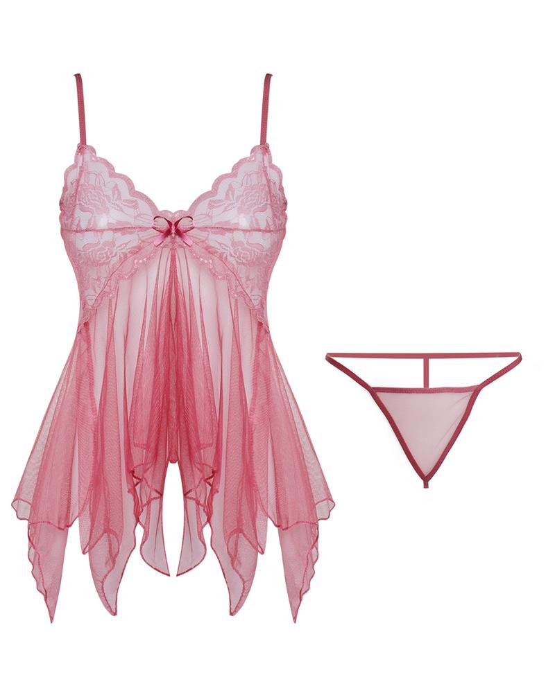 

Spaghetti Strap Sheer Mesh Lace Babydoll With Thong, Pink