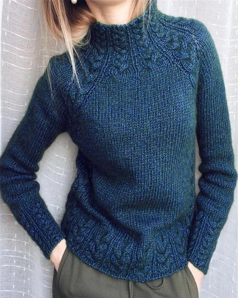 

Long Sleeve Mock Neck Casual Braided Sweater, Blue