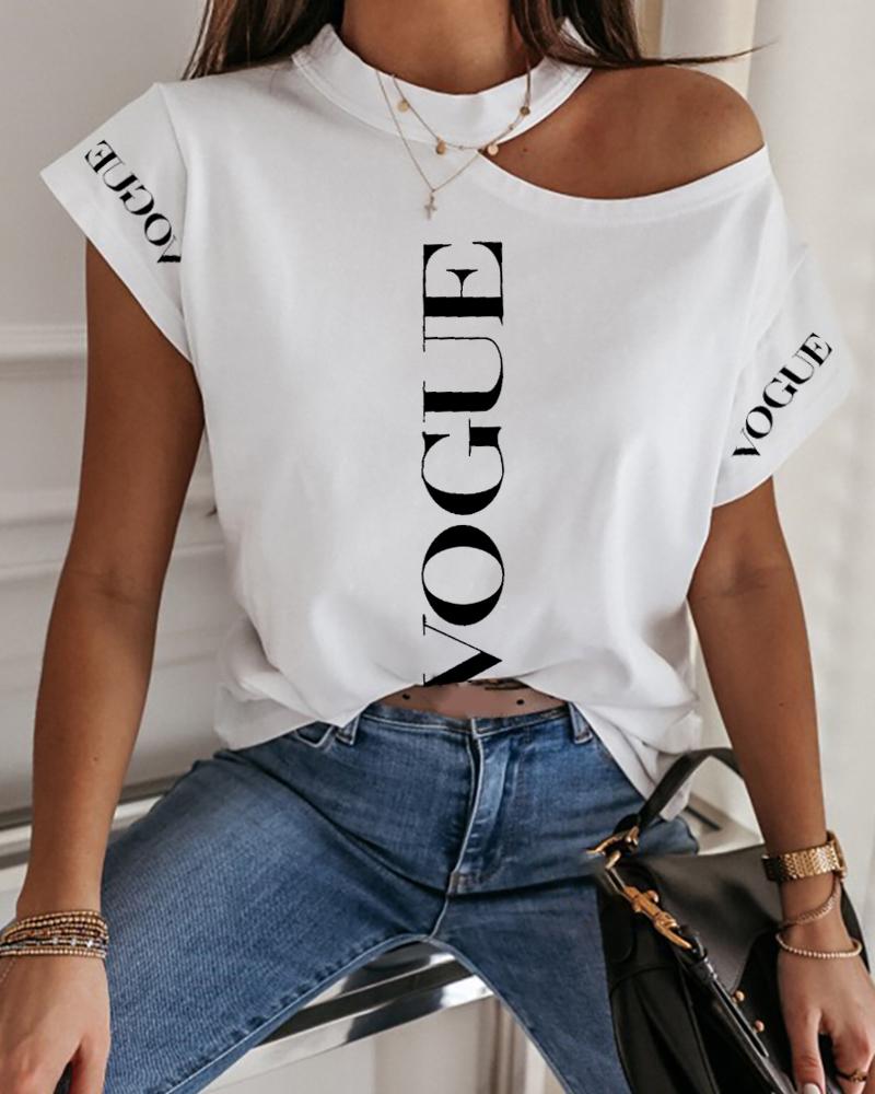 

Letter Print Cold Shoulder T-shirt, White