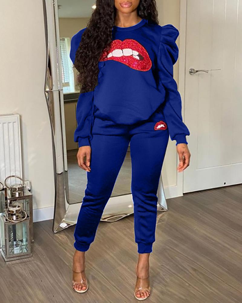 

Lip Print Casual Top & Pants Set, Dark blue