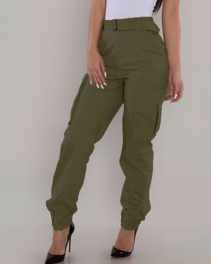 

Zipper Fly Flap Pocket Cargo Pants, Green