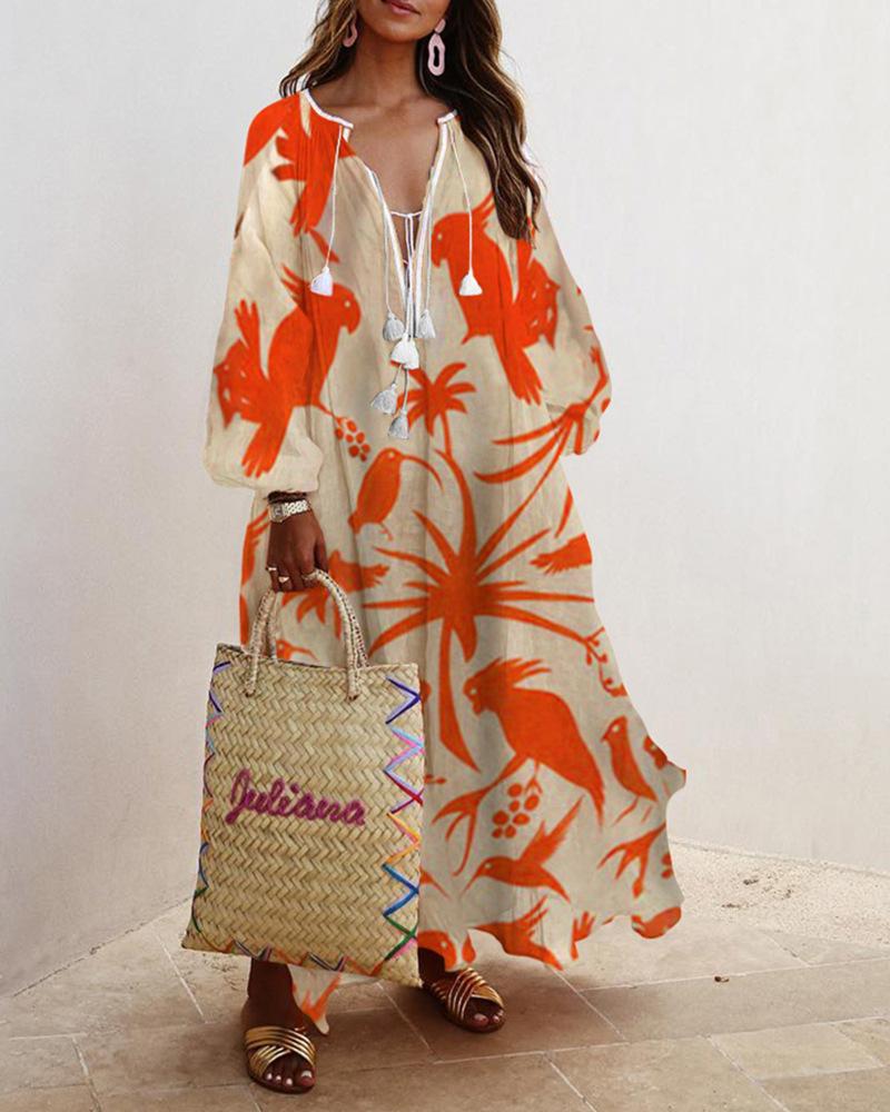 

Floral Print Lantern Sleeve Maxi Dress, Orange