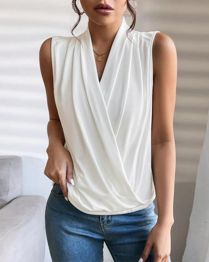 

Ruched V-Neck Sleeveless Wrap Top, White