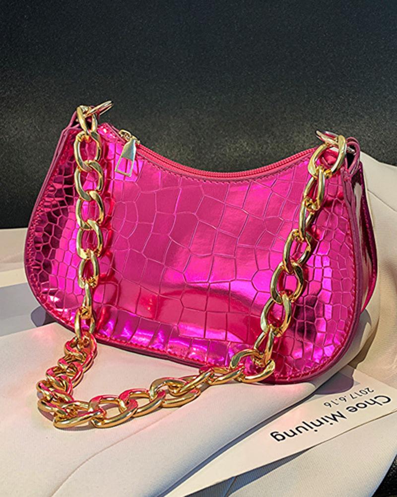 

Crocodile Chain Strap Zipper Design Shoulder Bag, Hot pink