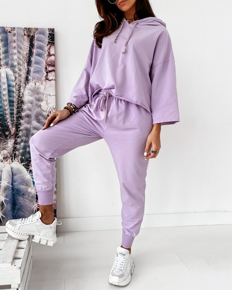 

Bell Sleeve Hooded Top & Drawstring Pants Set, Purple