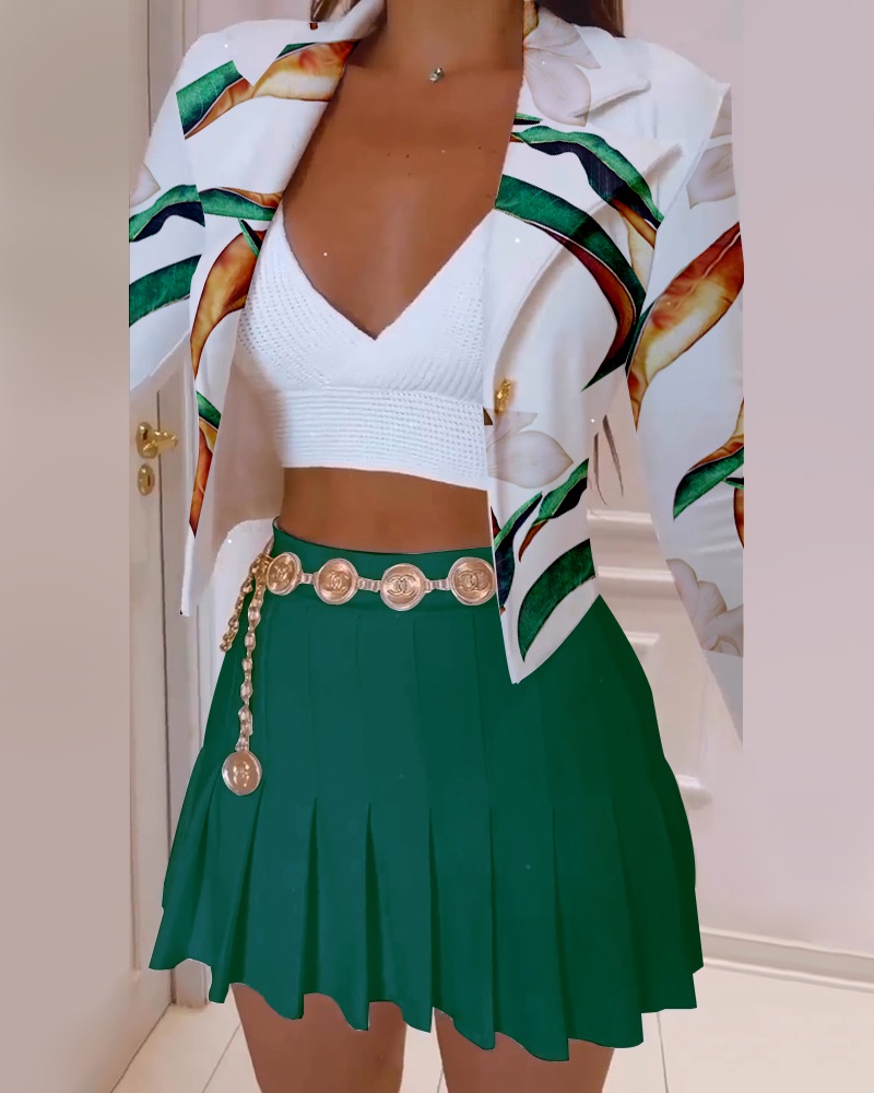 

Plants Print Blazer Coat & Pleated Skirt Set, Green