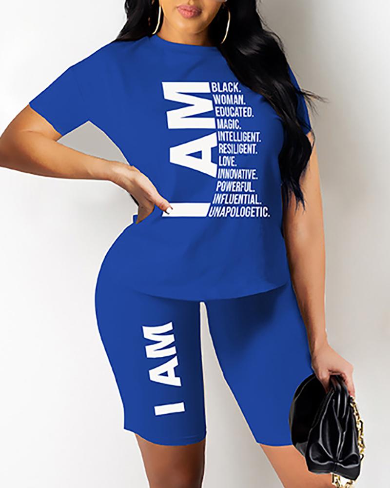 

Letter Print Short Sleeve Top & Shorts Set, Blue