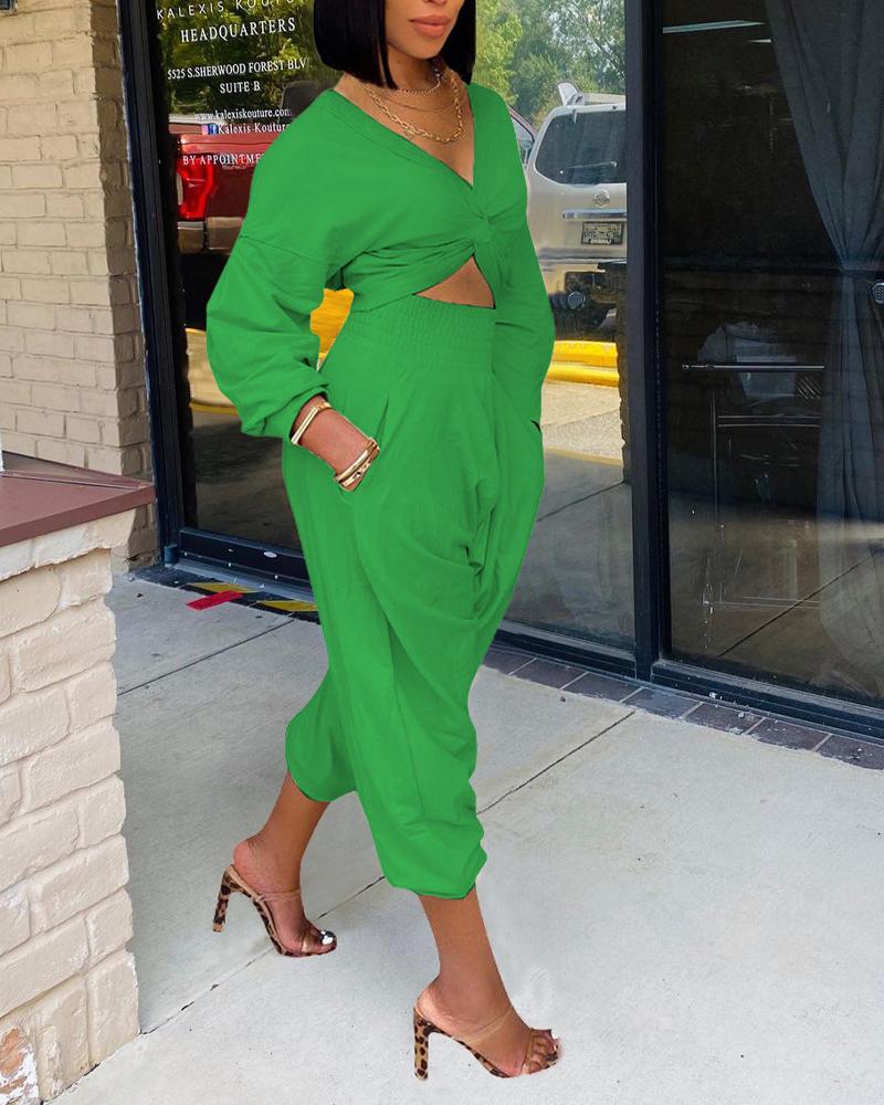 

Long Sleeve Twist Crop Top & High Waist Pocket Pants Set, Green