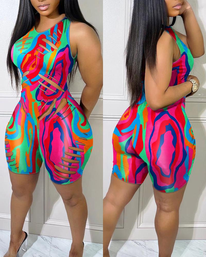 

Abstract Print Cutout Sleeveless Skinny Romper, Multicolor