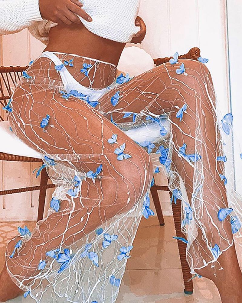 

Sexy See-through Splicing Butterflies Embroidery Loose Flared Pants, Blue