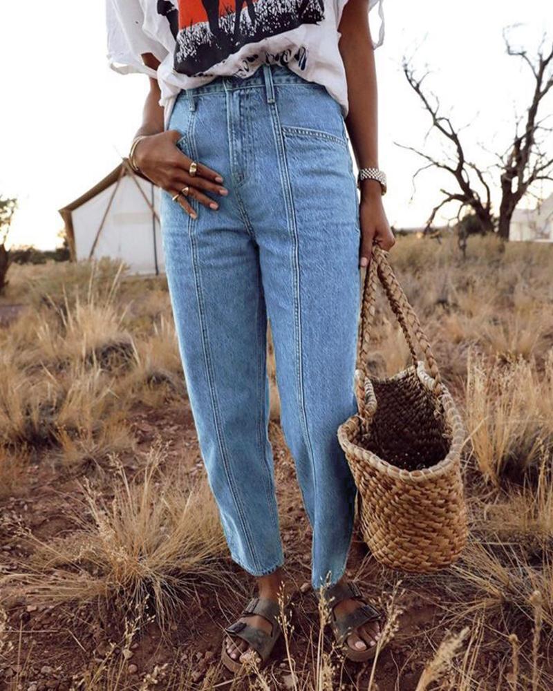 

Pocket Design Straight Leg Cropped Jeans, Blue