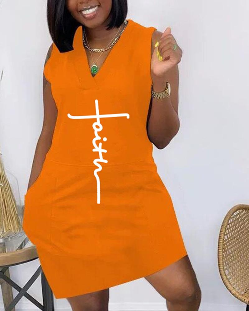 

Plus Size Letter Print Pocket Detail Sleeveless Casual Dress, Orange