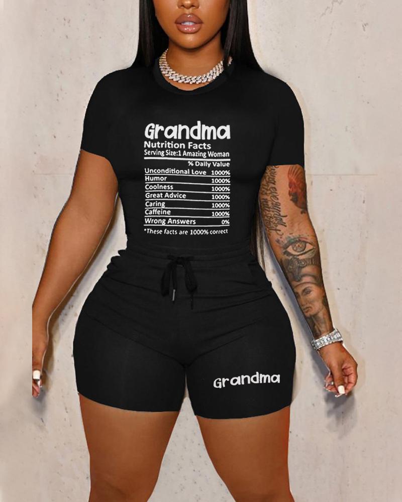 

Grandma Letter Print Top & Drawstring Shorts Set, Black