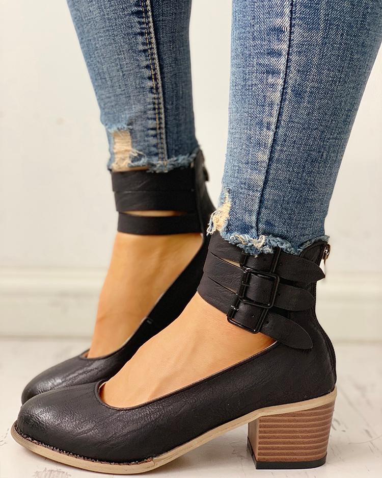 

Ankle Buckled Zipper Back Chunky Heels, Black