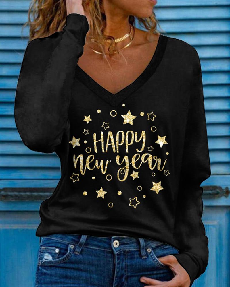 

Happy New Year Print V-Neck Long Sleeve Top, Black