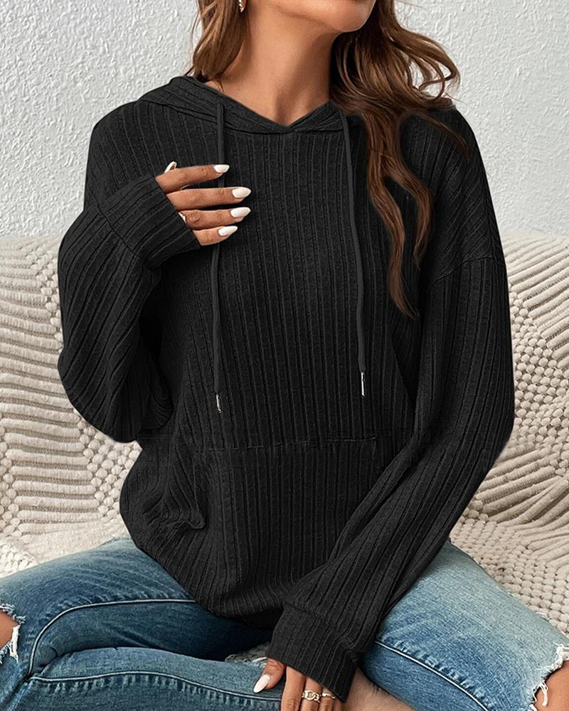 

Drawstring Ribbed Knit Hooded Sweatshirt, Black