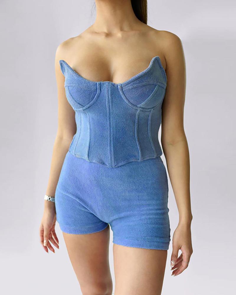 

Bandeau Sleeveless Corset Top & Shorts Set, Blue