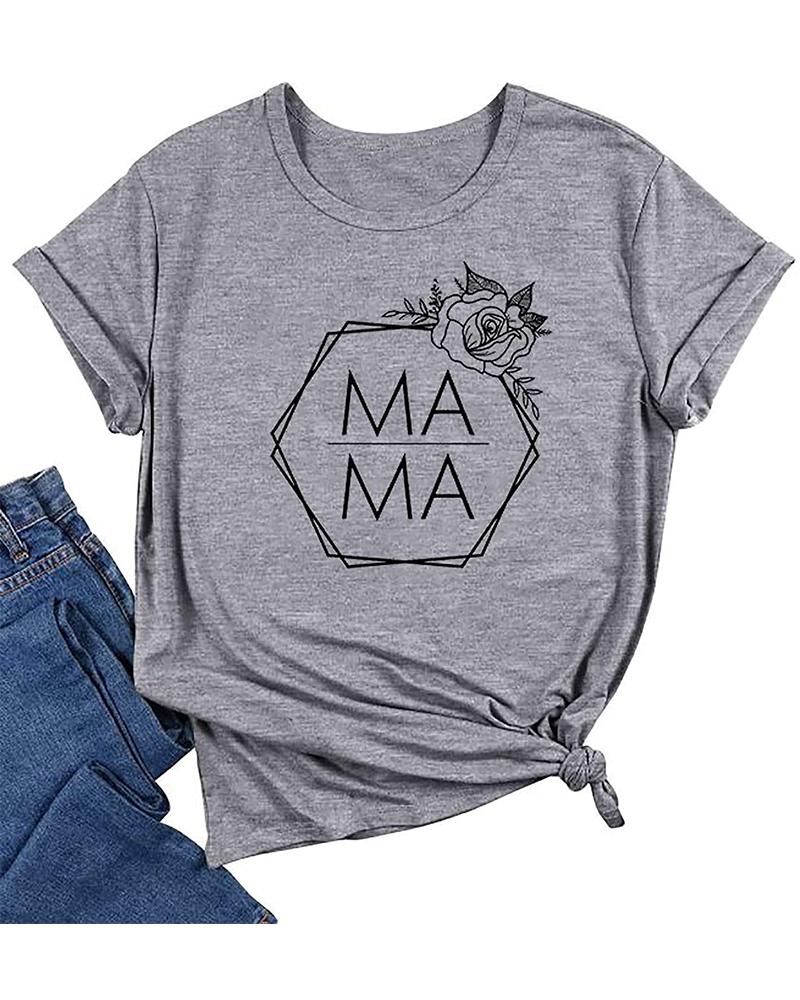 

Rose & Letter Print Short Sleeve T-shirt, Gray