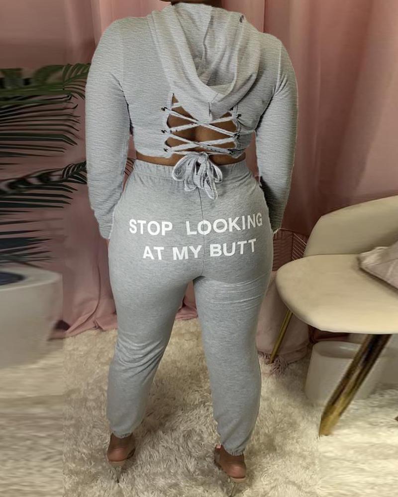 

Eyelet Lace-up Backless Hooded Crop Top & Letter Print Pants Set, Gray