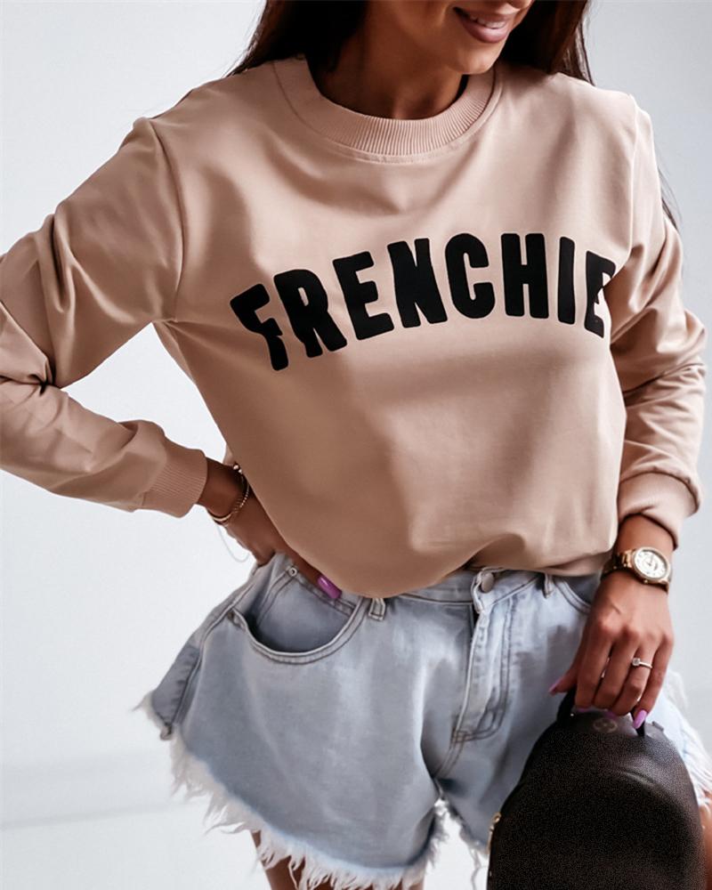 

O Neck Lantern Sleeve Letter Print Casual Sweatshirt, Beige