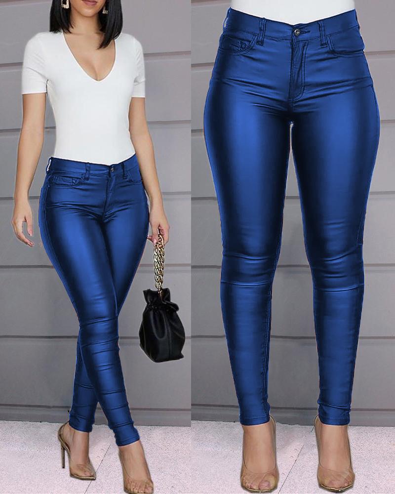 

Solid Buttoned Casual Coated PU Pants, Blue